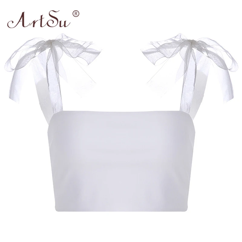 Женский топ с открытыми плечами ArtSu белый укороченный на шнуровке и вырезом