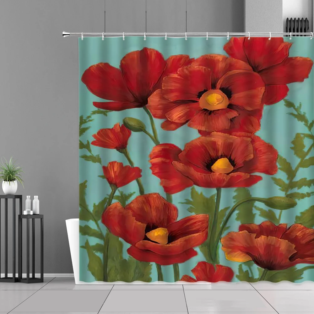 

Colorful Flowers Printing Shower Curtain Set Spring Beautiful Bathroom Decoration Household Bathtub Curtain Waterproof Belt Hook
