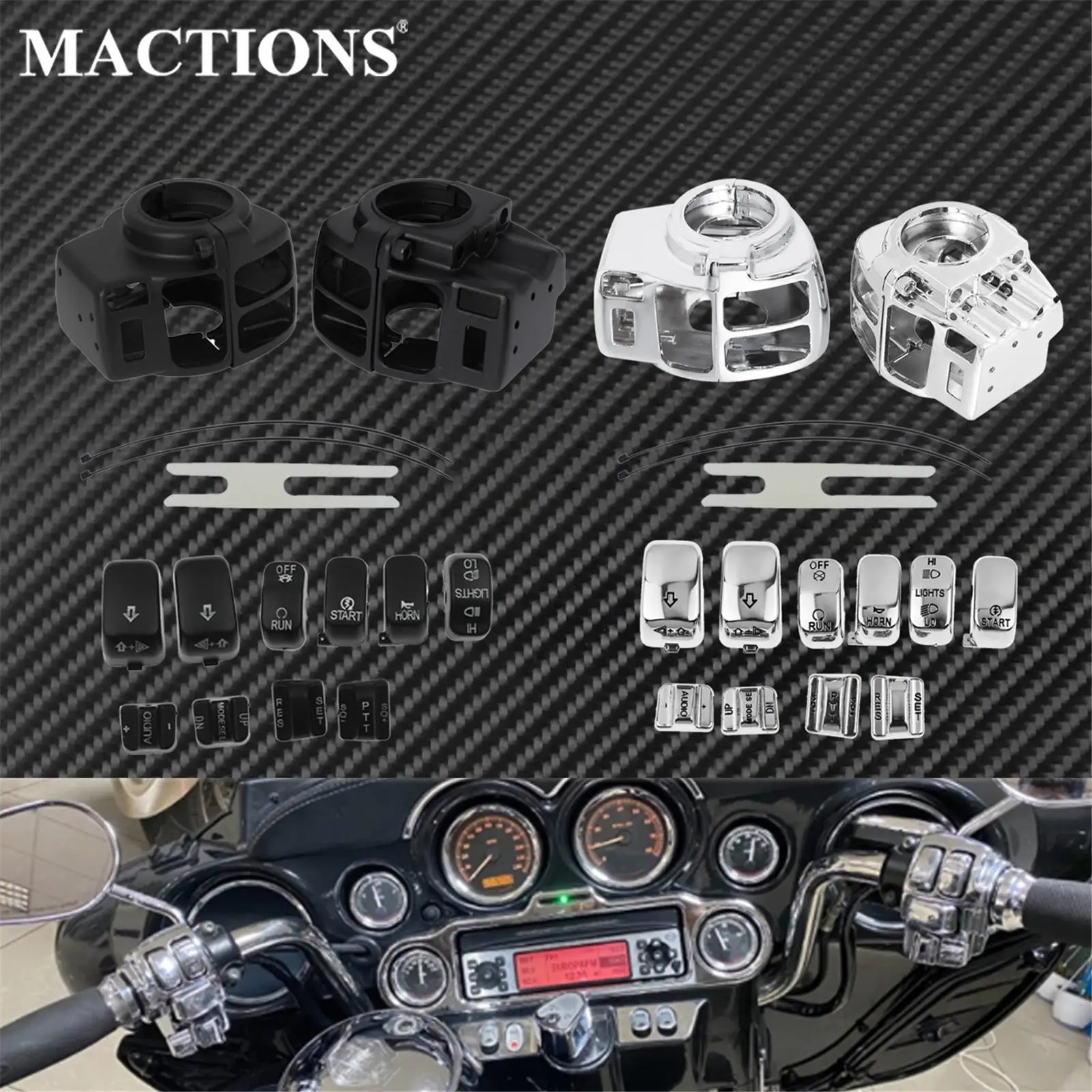

Motorcycle Black Chrome Hand Control Switch Housing Switch Button Cap For Harley Touring Street Road Glide FLHTK FLTRU 1996-2013