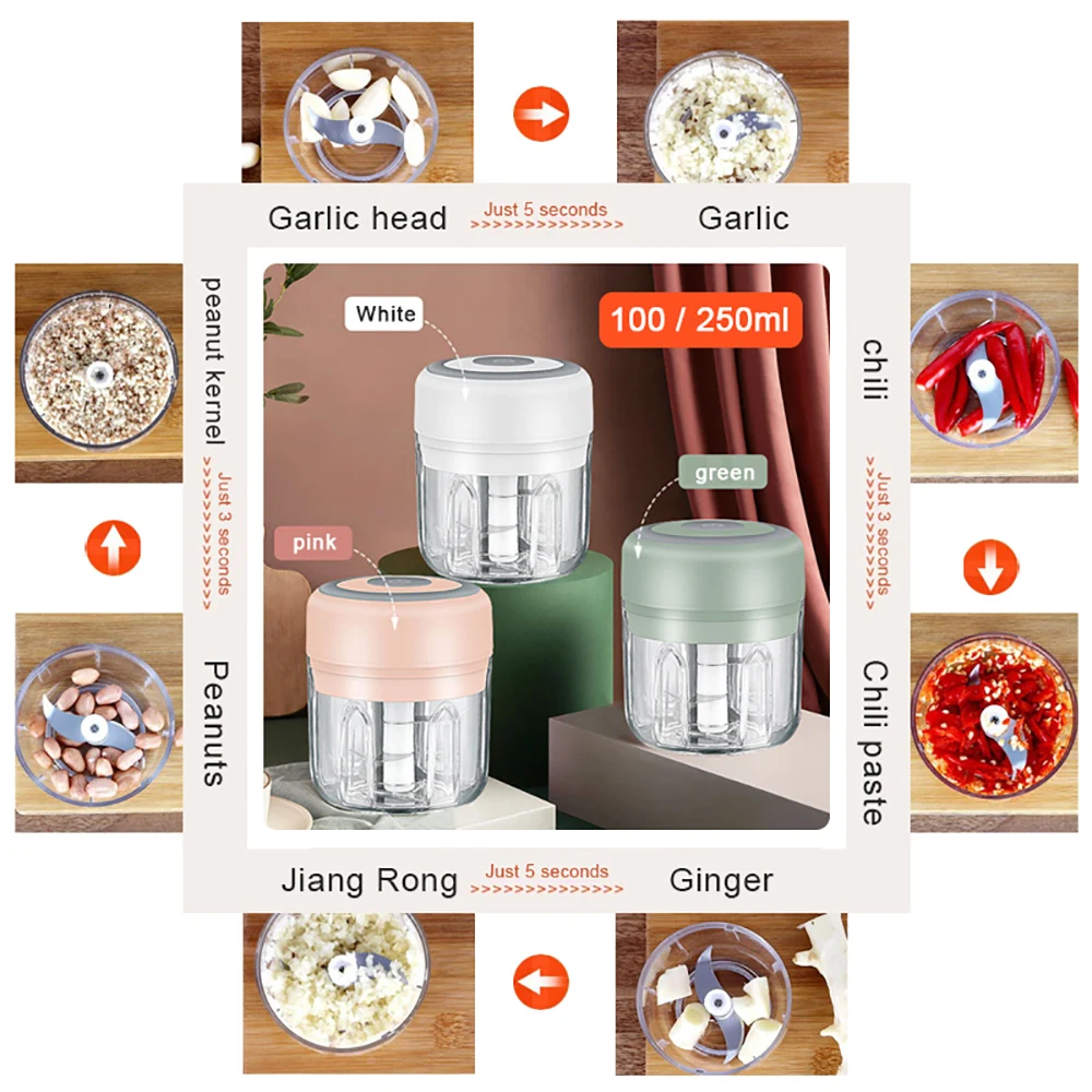

100/250mL Mini Electric Food Crusher USB Charging Vegetable Chopper for Kitchen Food Crusher Chili