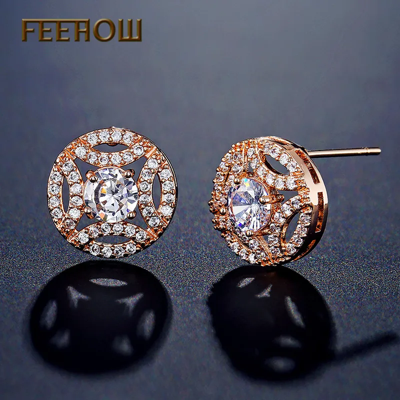 Женские серьги-гвоздики FEEHOW с круглым вырезом и кристаллами из циркония