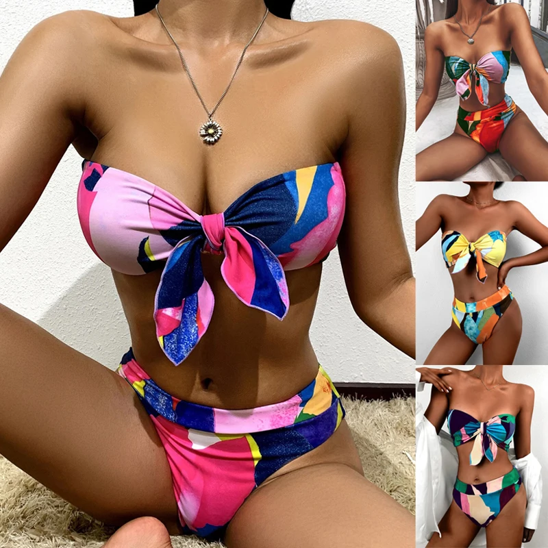 

Sexy Knot Bikini Swimsuit Women Push Up Swimwear Bandage Bikini Set Colorful Printed Female Bathing Suit Bather Biquini tankini