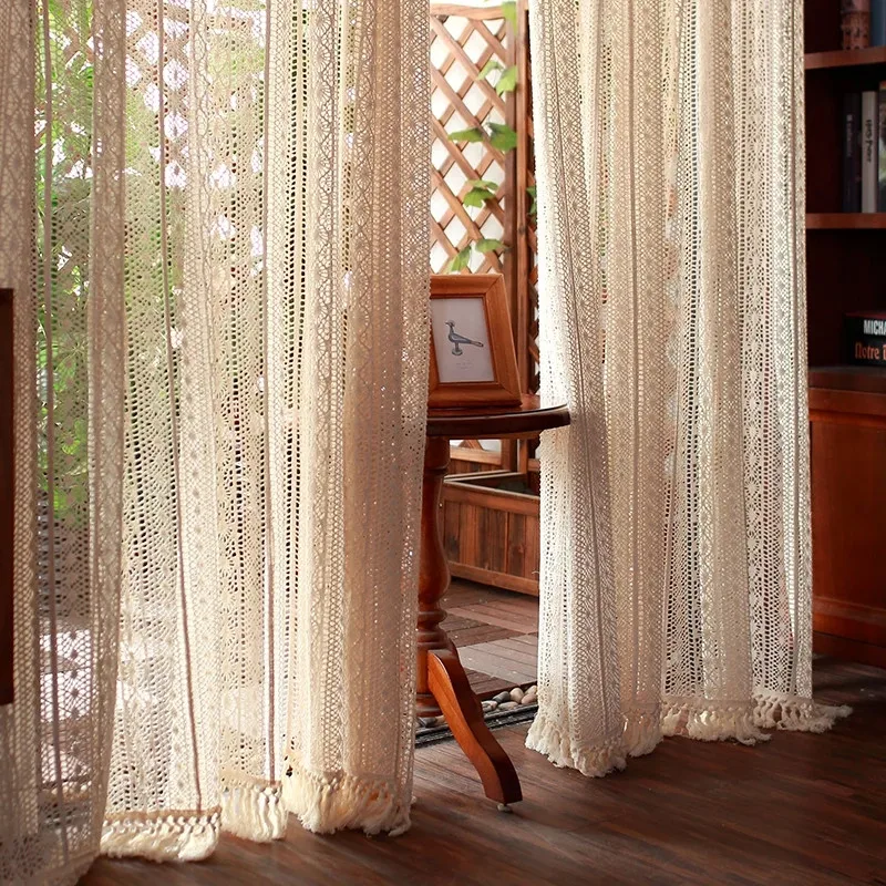 

American Country Beige Yellow Cotton Thread Crochet Tulle Curtain With Tassels Hollow Lace Tent Drapes For Living Room Bedroom#4