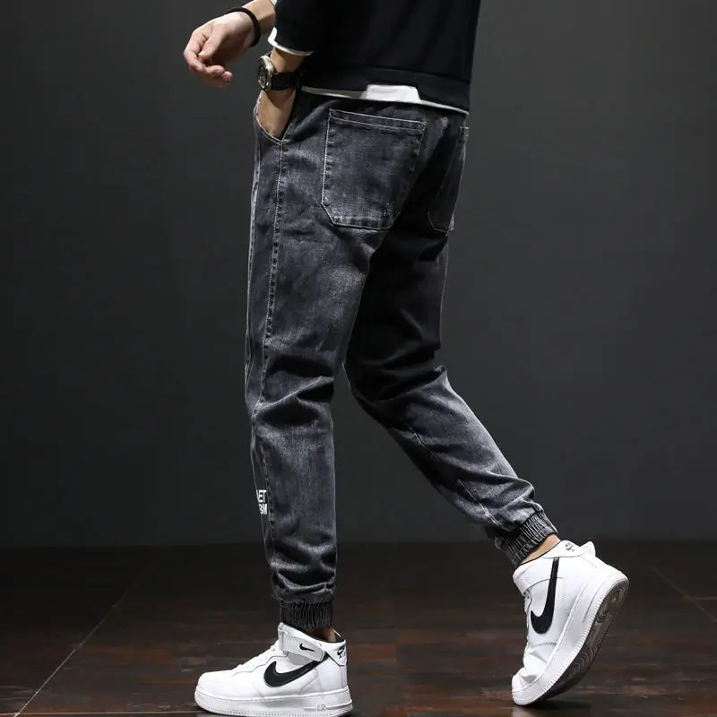 Elastic Waist Patchwork Jeans Men's Straight Denim Korean Fashion Clothing Letter Print Loose Casual Harem Pants Black Jeans Men