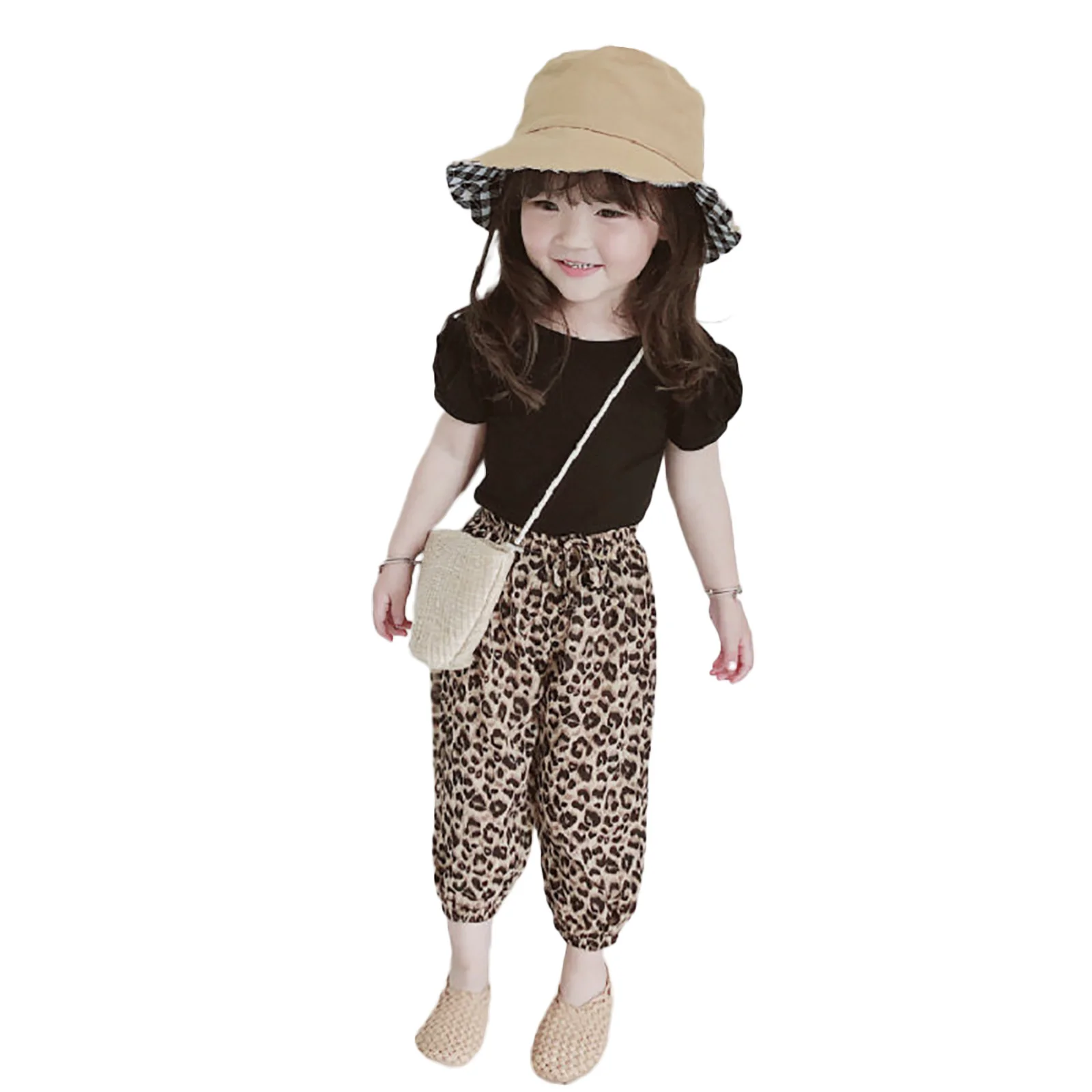 

Kids Girls Fashion 2-piece Outfit Set Short Sleeve Backless Tops+Leopard Pants Set for Children Girls