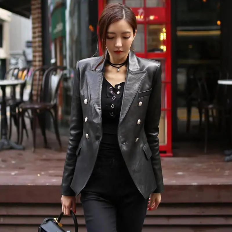 

WEIHAOBANG Pu Leather Jacket Short Coat Women's Spring Autumn Suit Collar Single Breasted Long Sleeve Small Leather Jacket Short