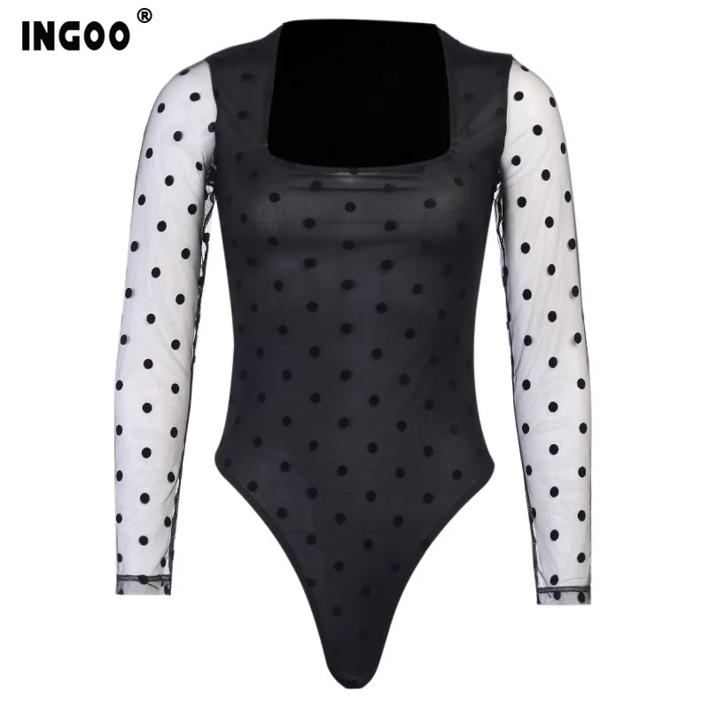 

INGOO Sexy Party Mesh Bot Long Sleeve Bodysuit Ladies Rompers Slim Fashion Streetwear Balck Skinny Square Neck Women Bodysuits