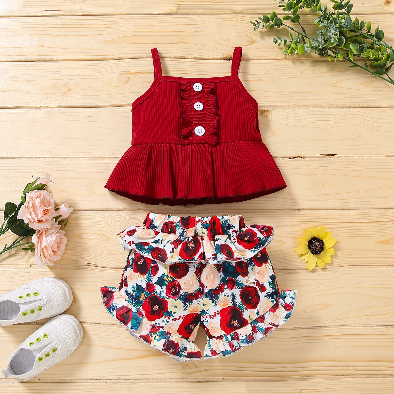 

0-3Y Summer Baby Girls Clothes Sets 2pcs Ruffles Strapless Vest Tops Flowers Printed Shorts 4 Colors