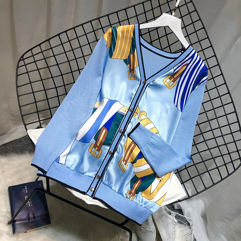 

Vintage Women Print Patchwork Knitted Cardigans Lady Elephant Print Sweaters Female Printed Cardigans