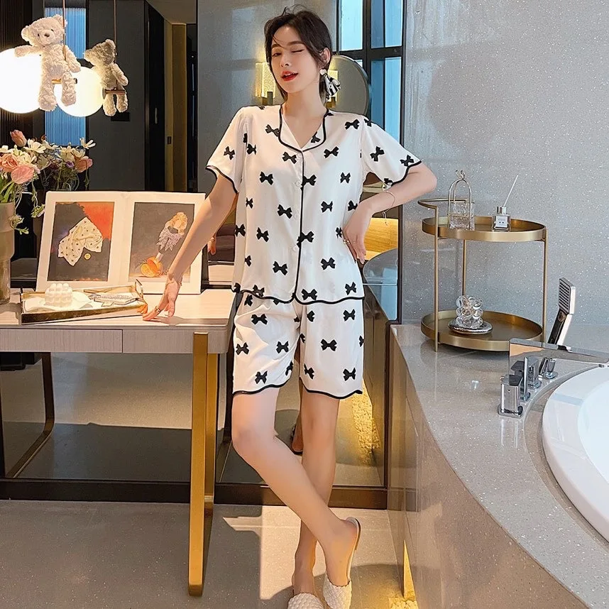 

Women Sleepwear Sexy Butterfly Print Short Set Pajamas for Women Silk Pajama Set Sweet Short Sleeve Top & Shorts Summer Pijamas