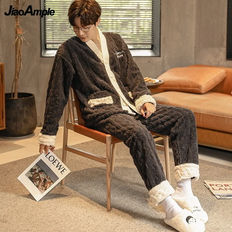 Men's Pajamas 2021 Winter New Warm Thick Flannel Pijamas Korean Loose V-neck Sleepwear Set Girl Cute Cartoon Nightwear Homewear