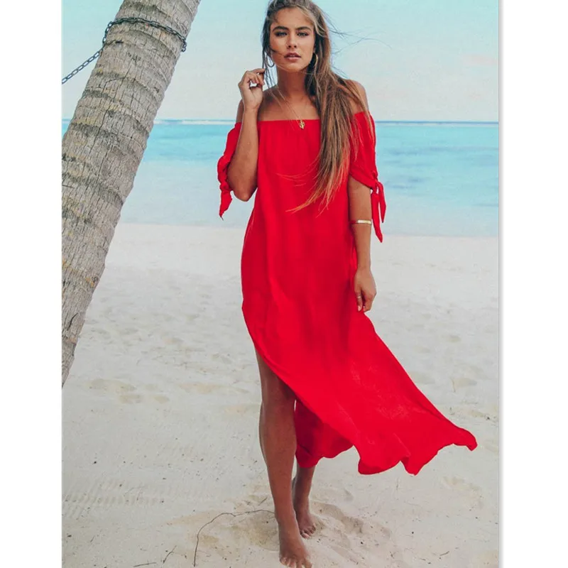 Летние платья новинка 2019 женское летнее повседневное однотонное пляжное платье
