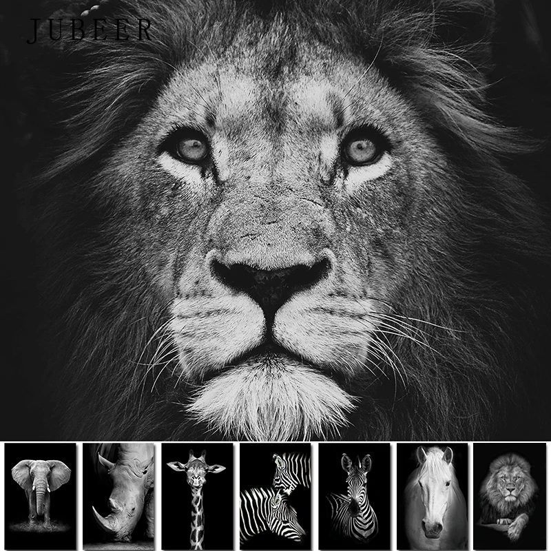

Animal Giraffe Zebra Lion Elephant Horse Prints & Poster Black and White Canvas Art Wall Decorative Picture for Living Room