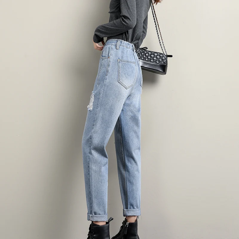 

Autumn Women High Waist Loose Harem Dad Jeans Lady Students Ripped Slim Length Pants Female Denim Streetwear Pencil Trousers
