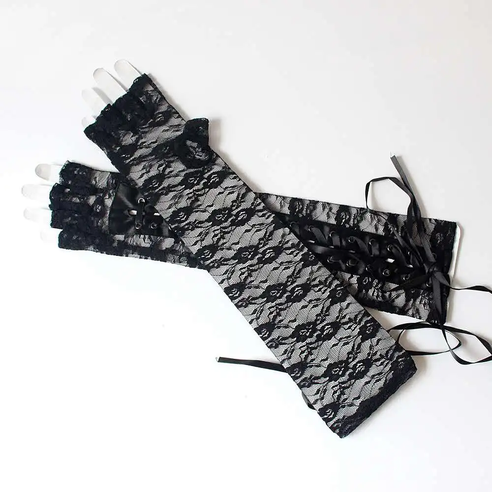 

1Pair Women Gothic Long Glove Fingerless Black Punk Hip Pop Jazz Disco Mittens Clubwear Dance Cosplay Party Costumes Fashion