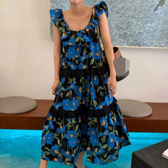 

Korea chic French elegant neckline bow tie flowers loose flying sleeve dress long dress women bandage dress plus size dress