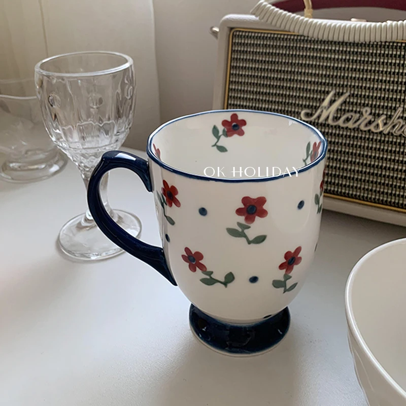 

Ins Vintage Dark Blue Ceramic Mug Floral Coffee Cup Breakfast Milk Cup Coffee Mug Mugs Coffee Cups Tazas Кружка Термокружка و