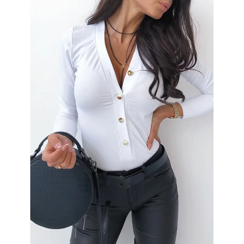 Белый сексуальный однобортный женский комбинезон с v-образным вырезом и