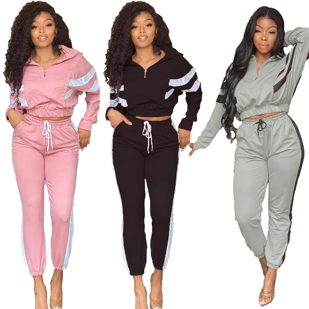 

Women Sport Striped Splicing Two Piece Set Long Sleeve Tops Jogger Sweatpants Suit Tracksuit Matching Set Fitness Outfit