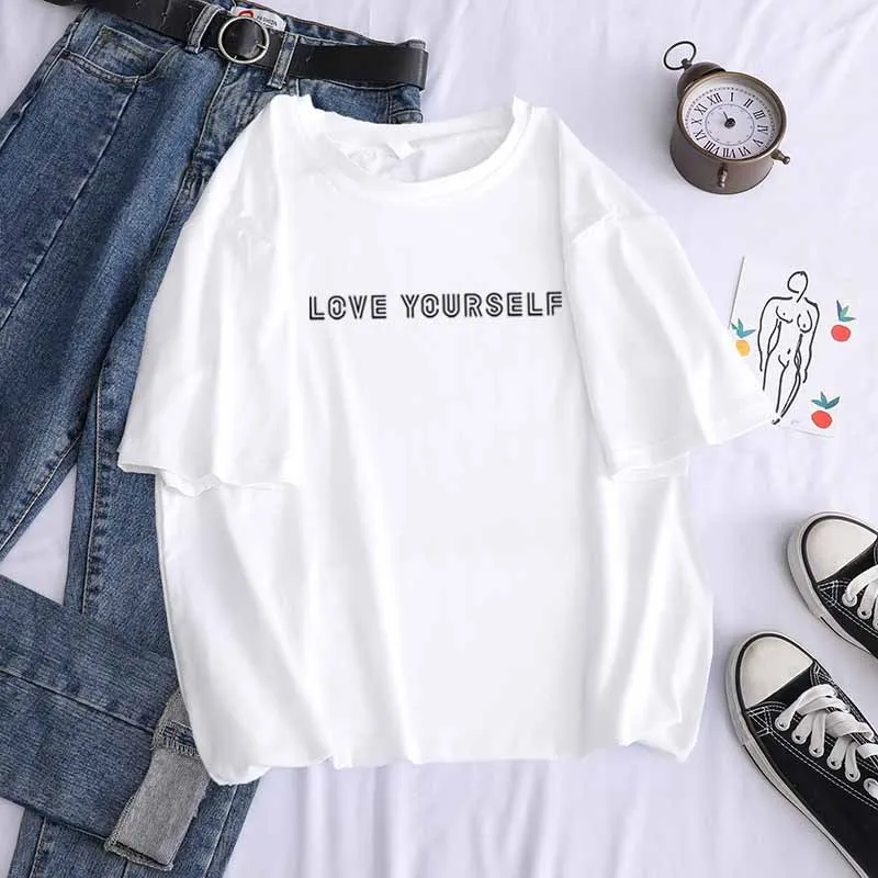 

New Letter Printed Female Keep Love Yourself T Shirt Harajuku T-Shirt Men Summer Short Sleeve Casual Korean Album Tops Clothes