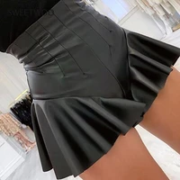 summer women gothic solid colors high waist party club mini skirts shorts sexy black pu leather pleated skirts ruffles shorts