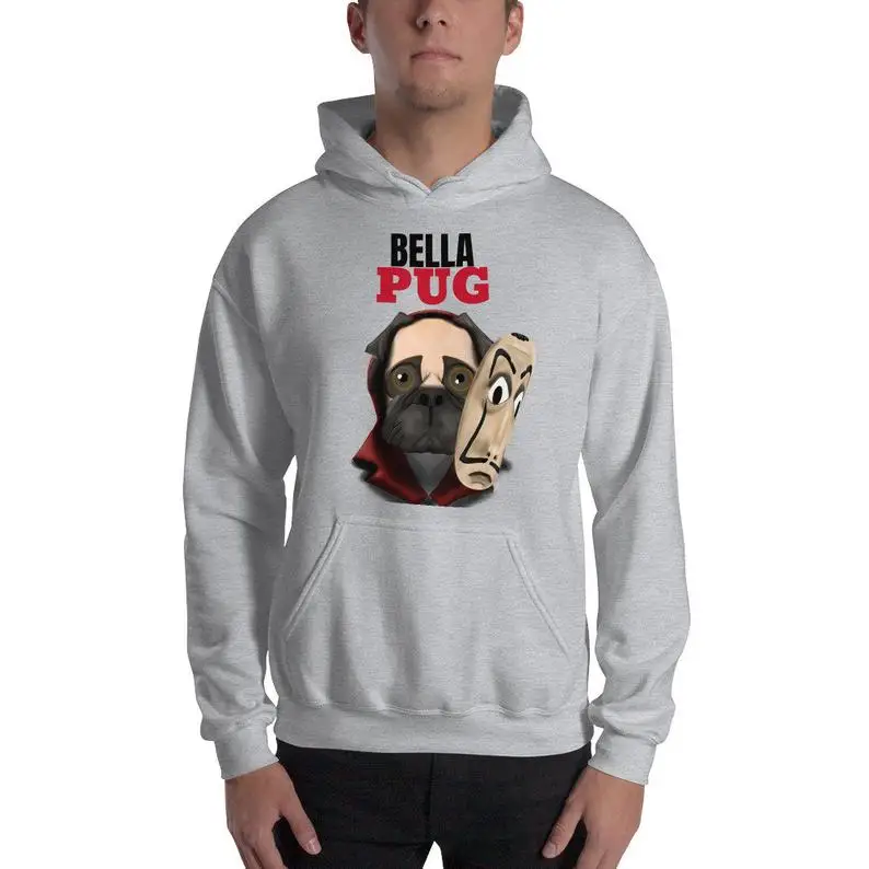 

Толстовка с капюшоном Casa de papel, толстовки для влюбленных Мопсов, пуловер, толстовка с забавным принтом «бумажный дом»