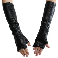 new women long leather gloves black fashion sheepskin velvet silk lining half finger gloves autumn and winter