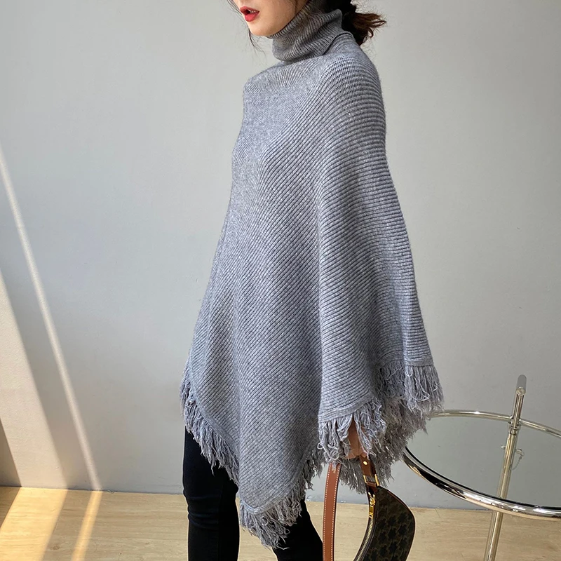 LANMREM 2021 Autumn Winter New Women Pullover Sweater High Neck Solid Color Tassel Shawl Female Fashion 2W045 |