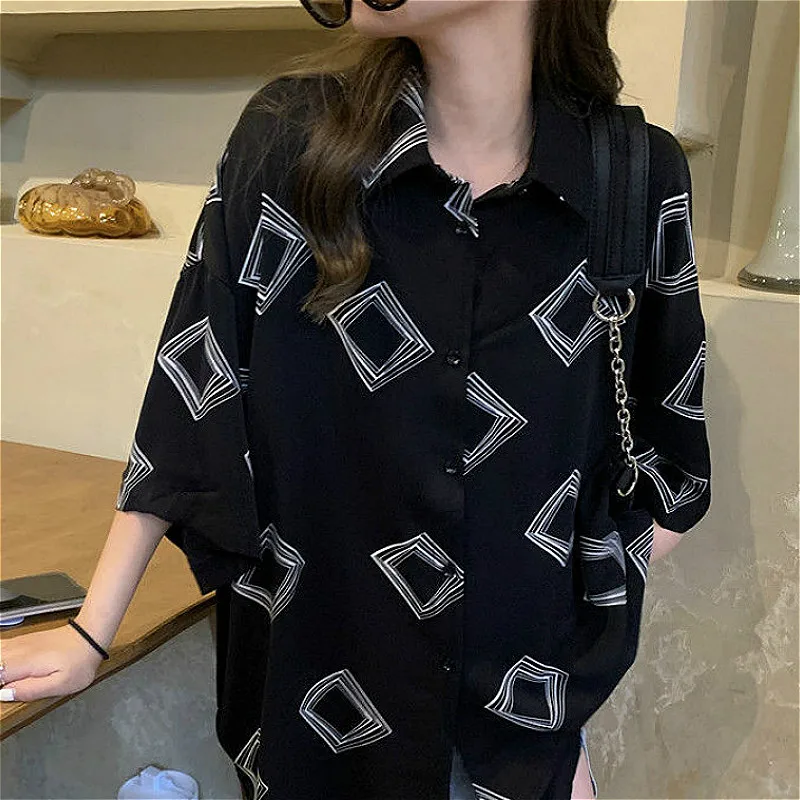 

Shirts Women Summer Vintage Students All-match Fashionable Korean Style Elegant Loose Female Popular Ulzzang Daily Geometric Top