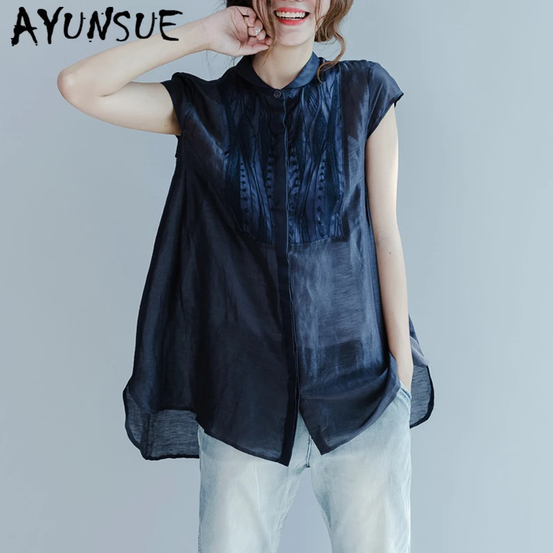 AYUNSUE Real Silk Women's Blouse Summer Fashion Woman Blouses 2020 Korean Loose Chiffon Embroidery Shirt Ladies Tops Blusas C106