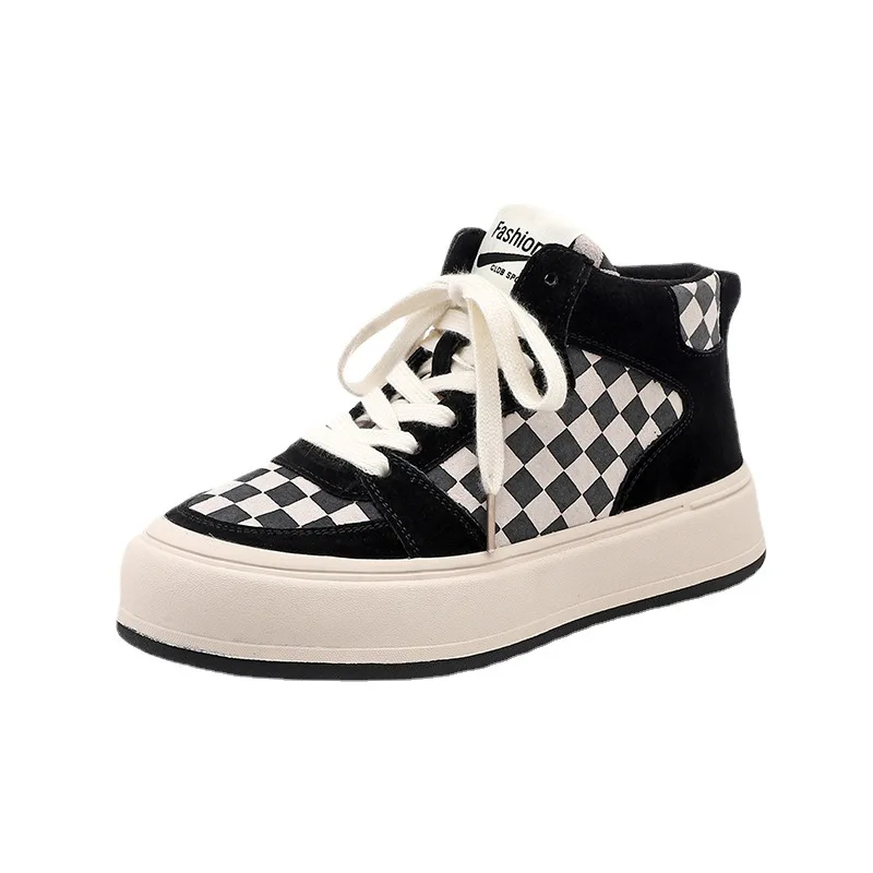 

Retro Checkerboard Plaid Shoes 2021 Autumn Leather Women's Shoes Ins Street Shooting High-top Platform Casual Shoes
