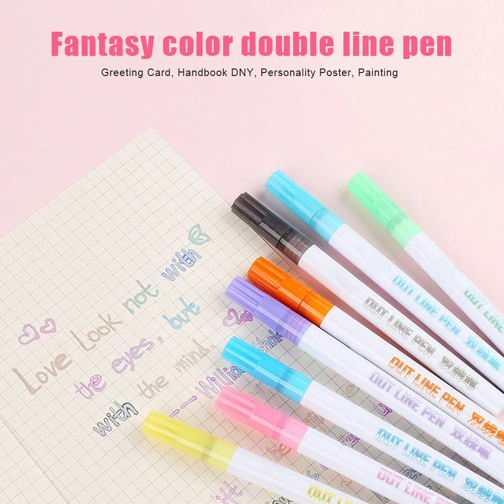 Double Line Pen 8 Colors Glitter Marker Fluorescent Outline Pens for Gift Card Writing Drawing DIY Art Crafts | Канцтовары для