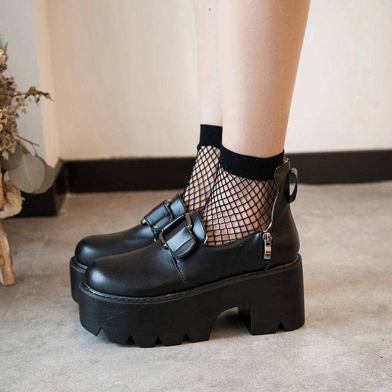 

Lolita Gothic Round Head Mary Jane Shoes Japanese College Girl JK Uniform PU Leatehr Platform Strap Waterproof Black Shoes