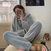 winter casual loose home clothes nightgowns 2 piece set long sleeve zipper warm tops simple solid pants womens pajamas set