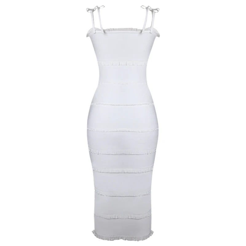 

BEAUKEY 2021 Women Sexy White Bandage Long Length Backless Dress Strap Sleeveless Bodycon Dresses Celebrity Party Wedding Wear