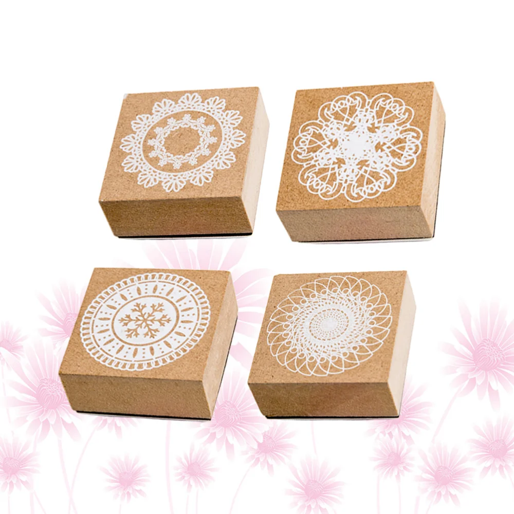 

4Pcs Lace Printed Wooden Stamper Simple Funny Round Rubber Stamper DIY Diary Scratch Decor (Random Style)
