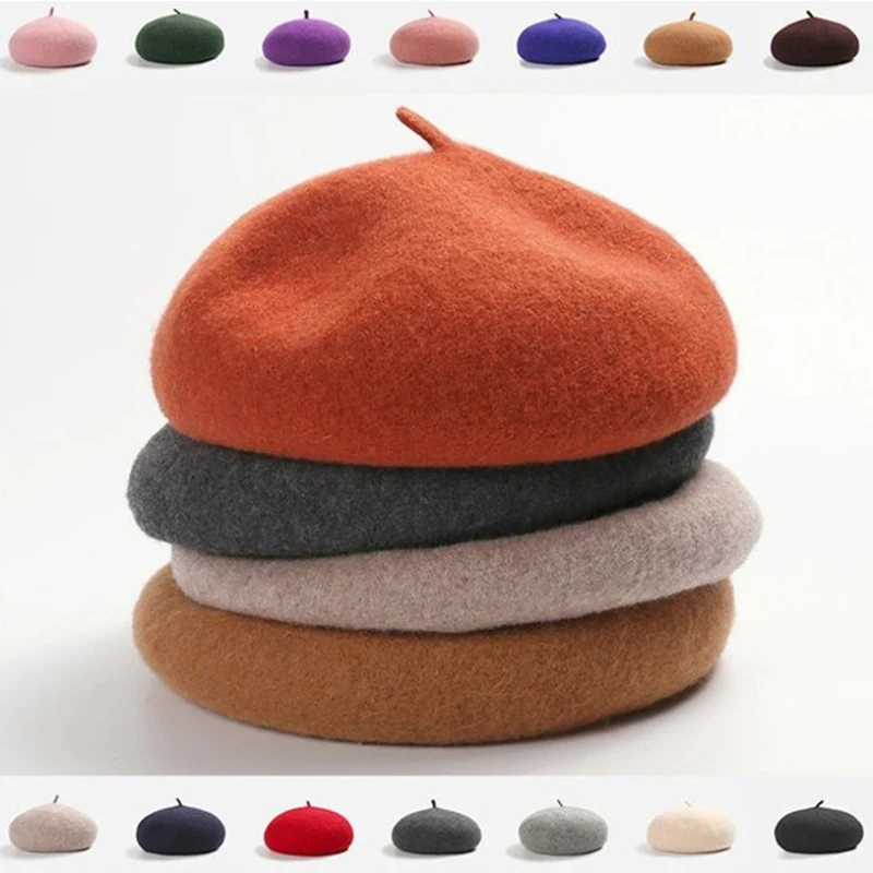 

Women Girls Beret French Artist Warm Wool Winter Beanie Hat Retro Vintage Plain Beret Solid Color Elegant Ladies Winter Caps