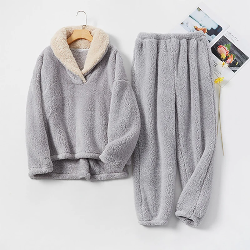 Fleece Pajama Set Women's Solid Long Sleeve Winter Terry Ladies Pijama Suit 2 Pcs with Pants Thick Warm Home Clothes Female | Женская
