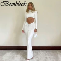 bomblook sexy party club womens suit autumn 2021 solid half high collar crop tops shirring skitr 2 piece sets femme streetwear