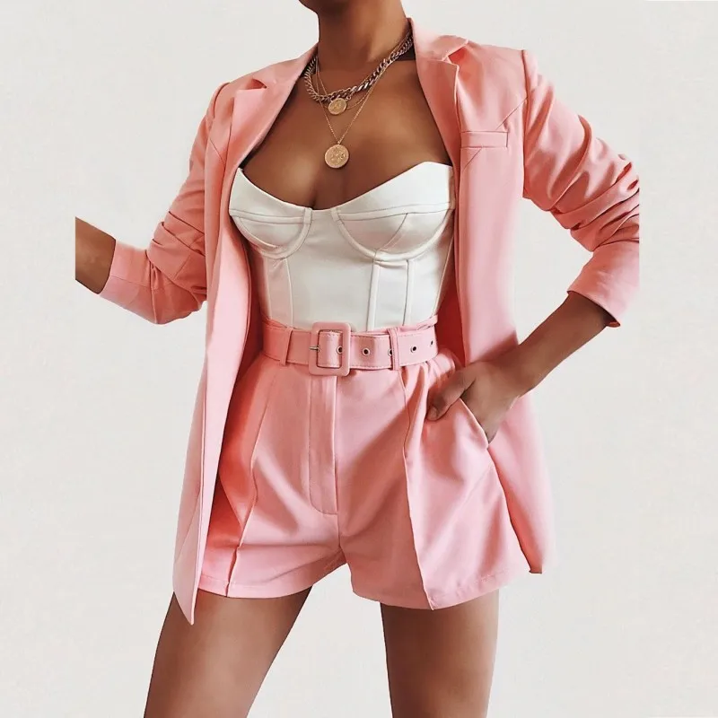 

Blazer Women's Sets Notched Jacket Tops Sashes Short Pants Suit 2 Piece Outfits Fashion Elegant Streetwear Blazer Two Piece Suit