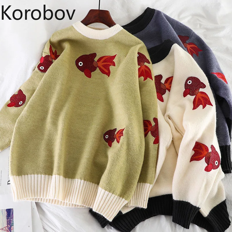 Korobov корейский свитер с вышивкой из мультфильма винтажный пуловер круглым