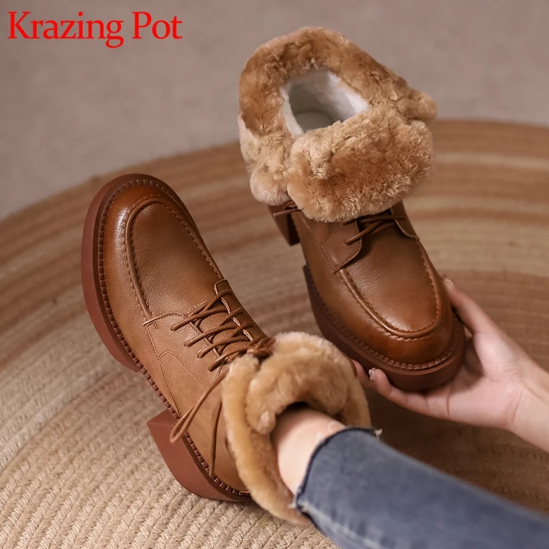 

Krazing pot plus size 41 snow boots sheep fur winter warm round toe full grain leather thick high heels lace up ankle boots l3f2