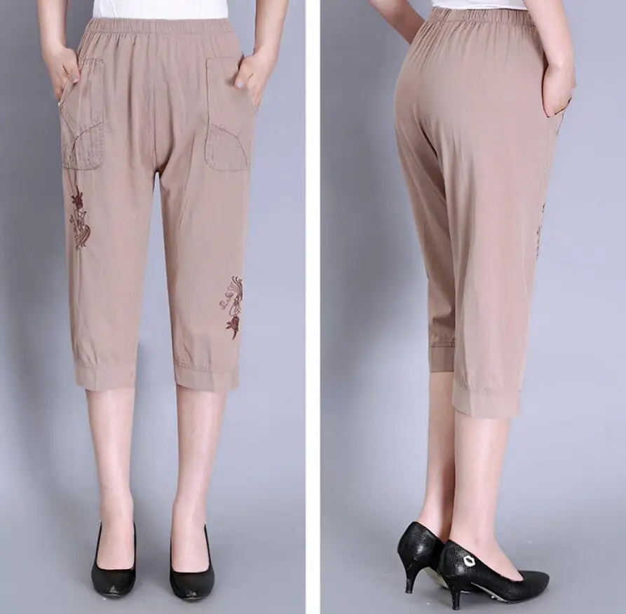 

Middle Age Women Capris Pants 2021 Summer Women's High Waist Straight Pants Mom Candy Color Calf-Length Pants Plus Size s889