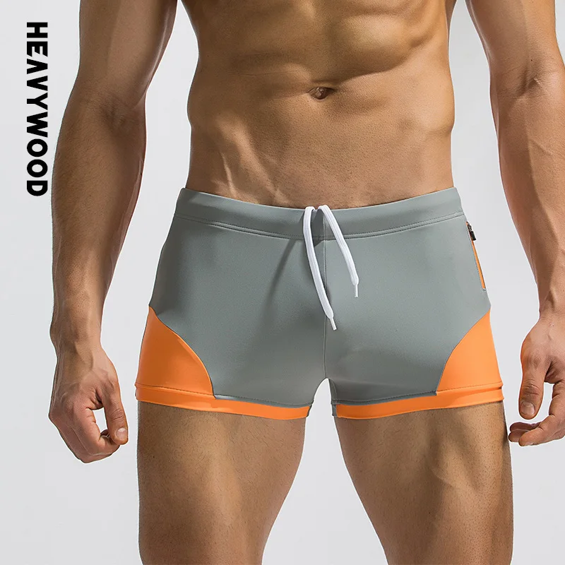 Heavywood Summer Fashion Men's Swimming Trunks Color Contrast Side Pocket Zipper Swimwear Drawstring Elastic Waist Beach Shorts