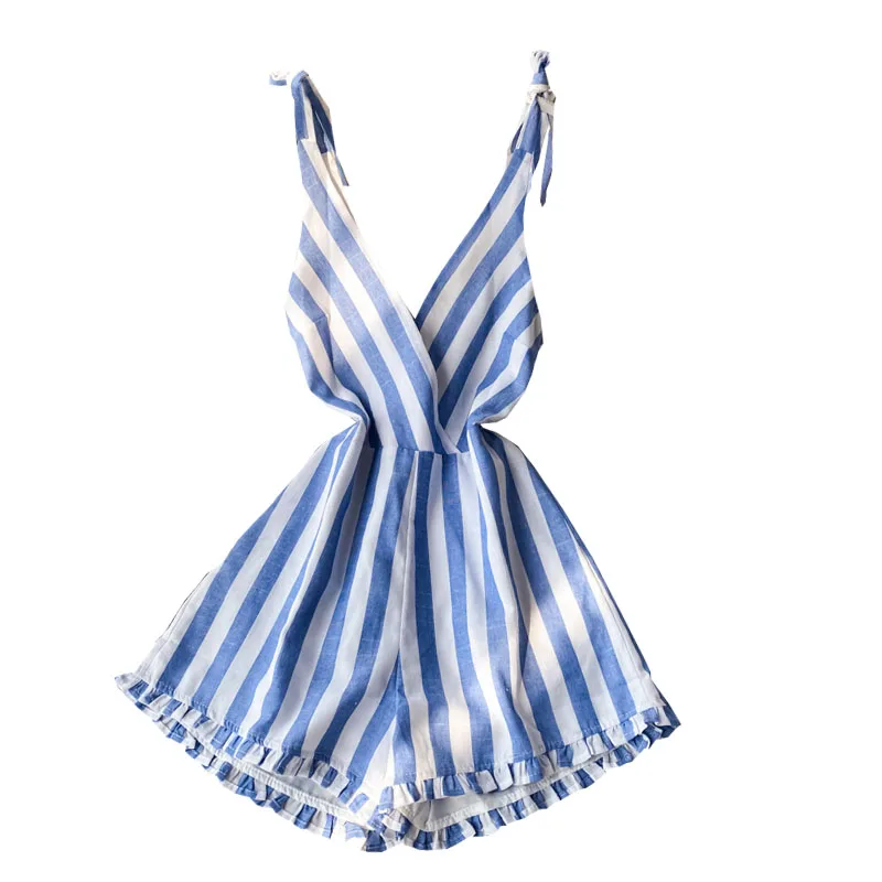 

v-neck striped women playsuits beach holiday style slim ruffles wide leg sexy female rompers top quality