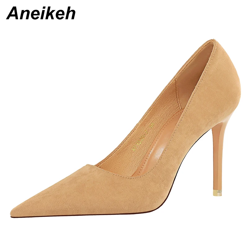 

Aneikeh 2022 NEW Spring/Autumn Ladies Shoes Flock Thin Heels Sexy Pointed Toe Pumps Basic Shallow Concise Solid Slip-On Wedding