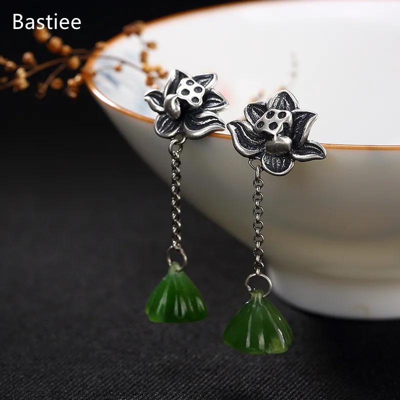 

Bastiee Ethnic Jewelry For Women Silver 925 Jewelry Inlaid Jade Jewelry Dangle Earrings Korean Earrings Long Earrings