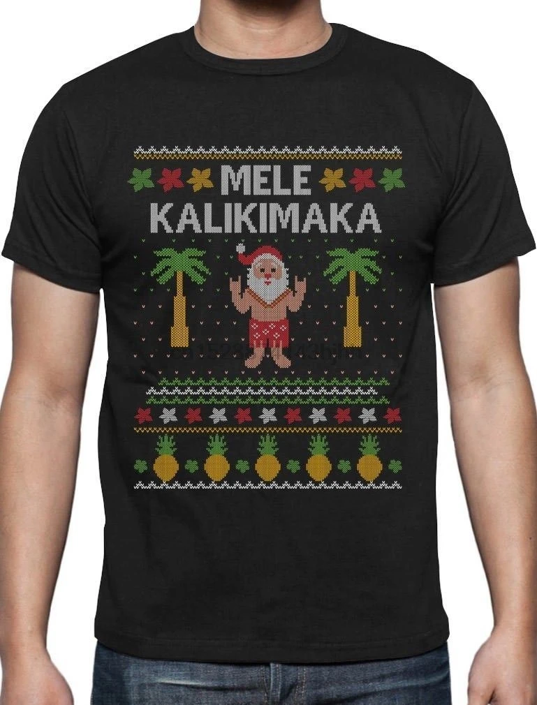 

Newest 2019 Men Fashion Mele Kalikimaka Hawaiian Santa Themed Ugly Christmas Sweater T-Shirt Gift Idea Funny Cotton Tee
