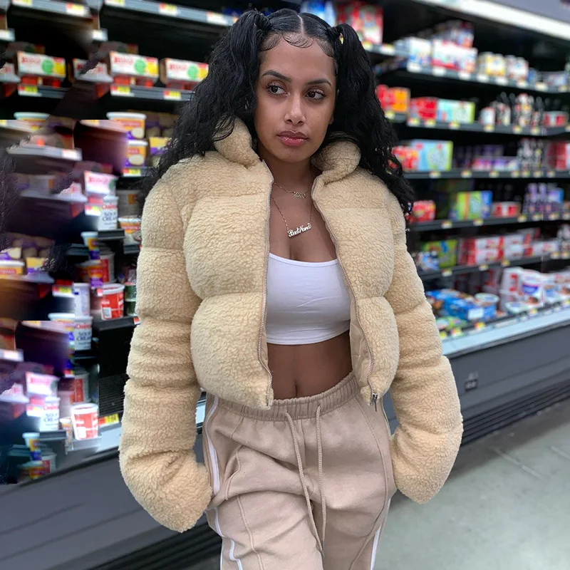 Zoulv Autumn/Winter Polar Fleece Women Cotton Jacket Long Sleeve Short Teddy Fleece Warm Collar Zipper Cotton-padded Jacket Coat