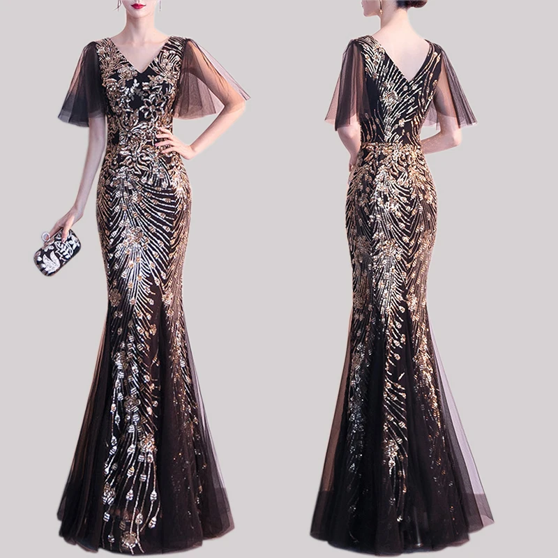 Женское длинное платье в сеточку с блестками вечернее стиле русалка оборками и